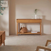 Melia light oak console table with two drawers and lower shelf perfect as a bedside table