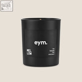 Black matte glass standard candle jar with minimalist eym label and mellow scent name in white text