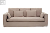 Beige upholstered menton 3 seat grey fabric sofa with three back cushions and two side pillows