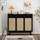 Black merton rattan shoe storage cabinet with three cane-panel doors and ribbed front for stylish organization