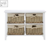 White paulownia wood drawer chest with four woven wicker baskets lined with beige fabric and bows for stylish storage