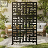 Black metal privacy screen with geometric lattice design perfect for indoor outdoor privacy screen maze style