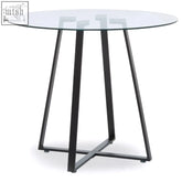 Modern round glass-top metropolitan matte black lattice dining table with sleek black metal legs for stylish meals