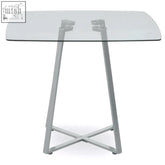 Modern minimalist metropolitan square matte grey dining table with clear glass top and silver x-shaped metal legs