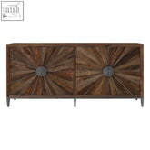 Dark wood midas sideboard with sunburst-patterned doors and silver iron handles for stylish storage