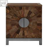 Midas small 2 door wooden cabinet with circular sunburst design made of elm wood strips and a central metallic circle