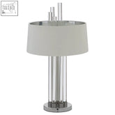 Midas table lamp with chrome finish clear glass rods and off-white drum shade for modern lighting decor