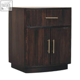 Milan bedside table with velvet mocha finish dark wood two cabinet doors and vertical slat design brass handles