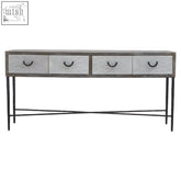 Gray distressed milan four drawer elm wood console table with black metal legs and four spacious drawers