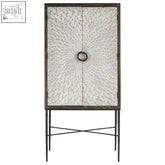 White textured elm wood wine cabinet with circular handle and dark metal legs for stylish storage