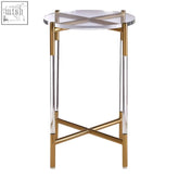 Miley side table with clear round glass top and gold-coloured steel cross-style base for stylish living spaces