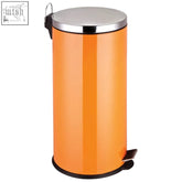 Orange cylindrical pedal bin with stainless steel lid and black base 30 litre pedal bin for easy waste disposal