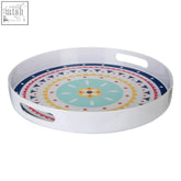 White round mimo bazaar tray with colorful teal yellow navy blue and pink mandala design perfect for serving