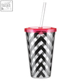 Clear acrylic drinks cup mimo chevron 450ml with bold black silver chevron pattern and vibrant red lid with clear straw