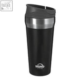 Black insulated stainless steel travel mug with silver band gray lid and mumo living logo in a mimo grey travel mug