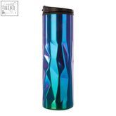 A mimo oil slick finish double wall stainless steel travel mug with iridescent blue purple green geometric texture and black lid