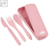 Pink mimo compostable travel cutlery set with matching case perfect for eco friendly travel cutlery use