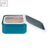 Teal rectangular animal print lunch box with white leopard print lid and zebra striped interior lining for stylish meals