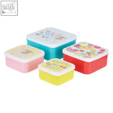 Set of four colorful square mimo set lunch boxes with fruity alpaca cartoon designs and white lids for easy use