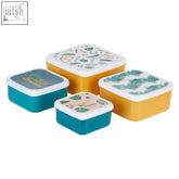 Set of four colorful plastic winter palm lunch boxes with decorative lids and white rims for easy food storage