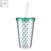 Clear plastic bpa-free plastic tumbler with mint green polka dot design and matching green lid with clear straw 450ml