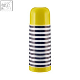 A vibrant yellow mimo stripe 350ml vacuum flask with navy and white stripes ideal for hot and cold drinks