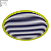 Oval mimo stripe side plate with navy white stripes and bright green rim made of durable melamine