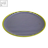 Navy and white striped oval mimo stripe tray with bright lime green rim perfect for serving snacks or appetizers