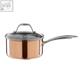 Minerva copper finish 18cm saucepan with lid featuring copper finish body and clear glass lid with stainless steel handle