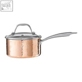 Minerva small 16 cm saucepan with hammered copper finish featuring stainless steel lid and handle for cooking