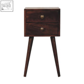 Dark brown wooden mini 2-drawer nightstand with california walnut finish and brass knobs for bedside use