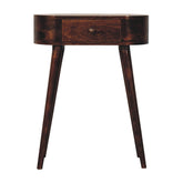 Dark brown wooden mini albion california walnut console table with a single drawer and tapered legs