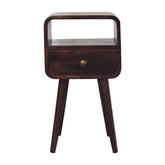 Dark brown california walnut curved bedside table with single drawer and open slot for bedroom use