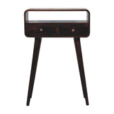 Mini california walnut curved console table in dark wood with two drawers and tapered legs in walnut finish