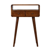 Mini chestnut console table mid-century modern wooden side table with two drawers and tapered legs in chestnut finish