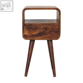 A mini chestnut curve open wooden bedside table with a single drawer tapered legs and a curved top frame