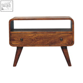 Mini chestnut curved wooden nightstand with single drawer, sleek curved edges, tapered legs, and compact dimensions