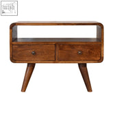 Mini chestnut curved media unit with 2 drawers made from solid mango wood in a mid-century modern style