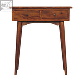 Rustic mini chestnut hallway console chest of drawers with two drawers in solid mango wood and tapered legs
