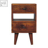 Mini classic multi chestnut bedside table with two drawers open shelf and tapered legs in rustic wood finish