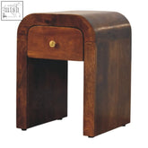 Dark brown wooden mini darcy chestnut nightstand with curved edges and single drawer with brass knob
