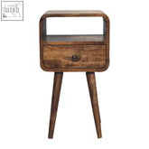 Mini grey wash curve open bedside table with mango wood, open slot, curved edges, warm brown finish, and tapered legs