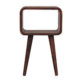 Dark brown wooden mini honey caramel bedside table with open design and tapered legs for easy access and style