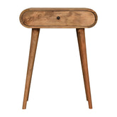 Mini london console table a sleek light brown wooden side table with rounded top and tapered legs