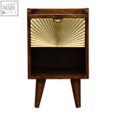 Dark wood mini manila gold nightstand with gold sunburst drawer front made of chestnut solid mango wood