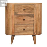 Mini oak-ish chest of drawers with three small drawers rounded sides tapered legs mid-century modern wooden design
