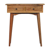 Mini oak-ish hallway console table made of rustic oak wood with two drawers and tapered legs for entryway storage