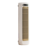 Cream-colored mini portable air cooler tower fan with vertical beige slats and digital display for silent air conditioning