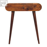 A sleek mini round chestnut fold wooden console table with warm brown finish and tapered legs foldable design