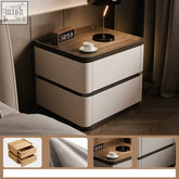Modern minimalist premium bedside cabinet with wood grain top and white lacquered sides accented by dark brown trim